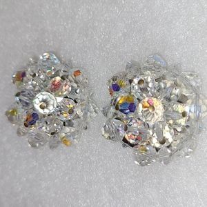 Vintage Retro Faceted Clear Crystal Domed Clip-On Earrings or Lapel Pins 1950's